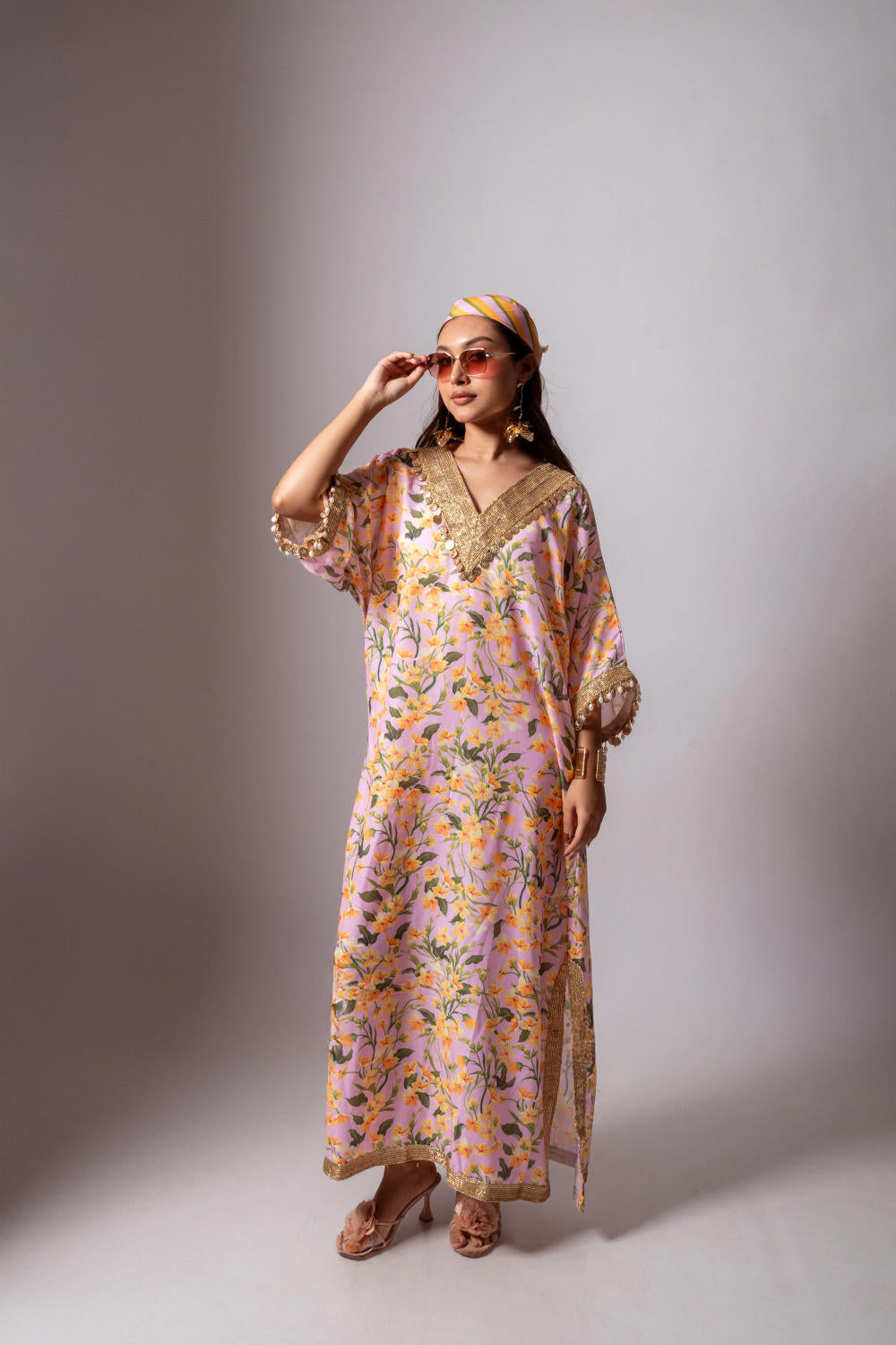 Linen digital print blush kaftan dress-Blush and Yellow