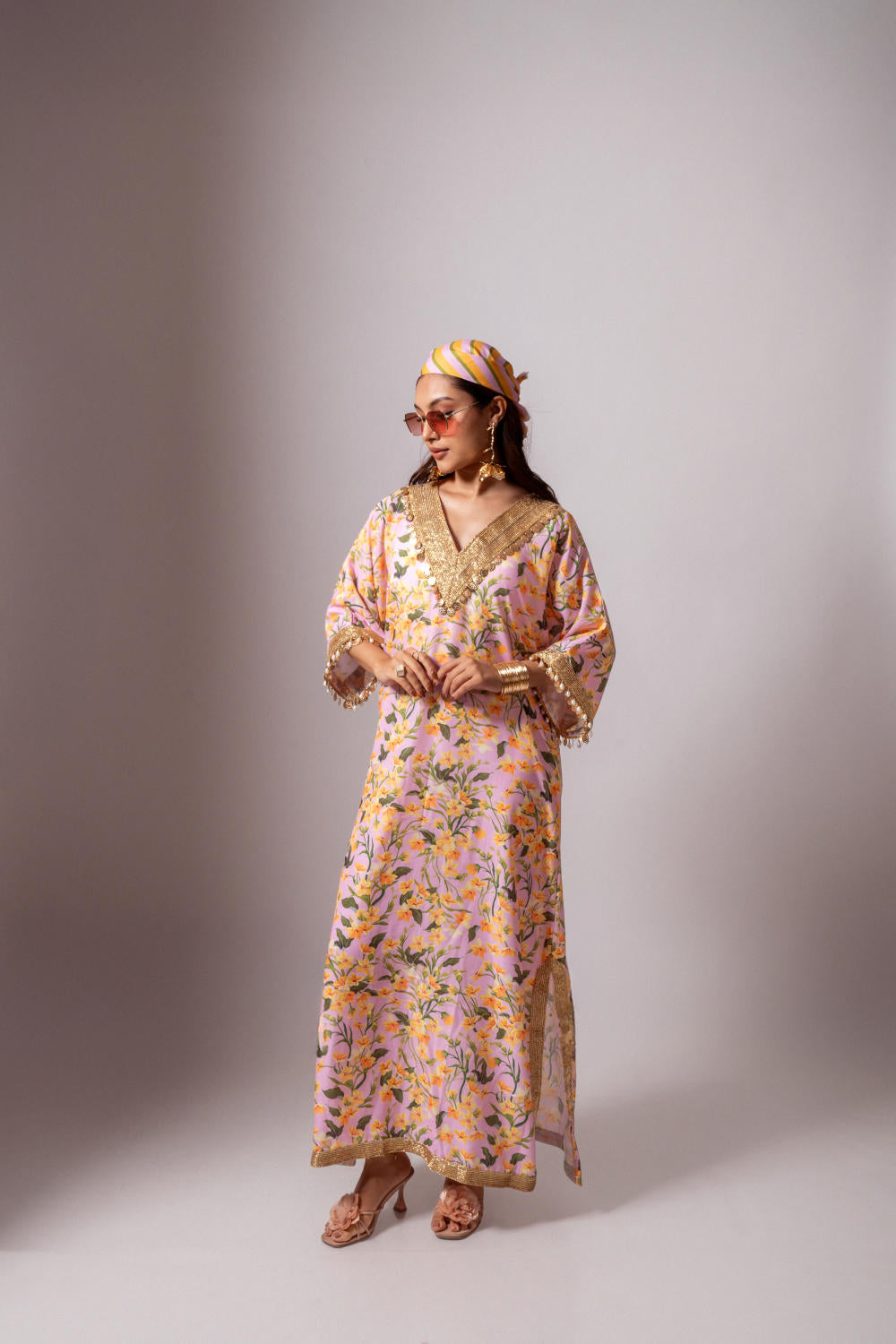 Linen digital print blush kaftan dress-Blush and Yellow