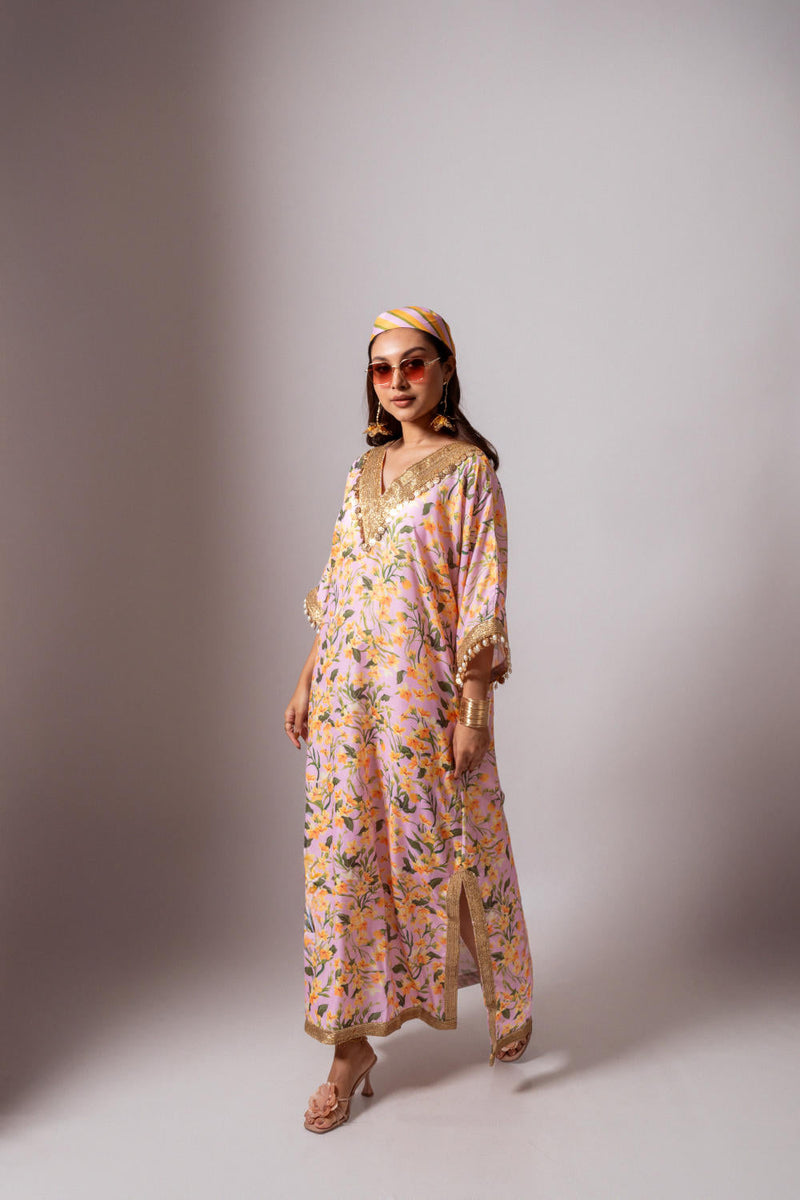 Linen digital print blush kaftan dress-Blush and Yellow linen by Maison Shefali for women Worldwide