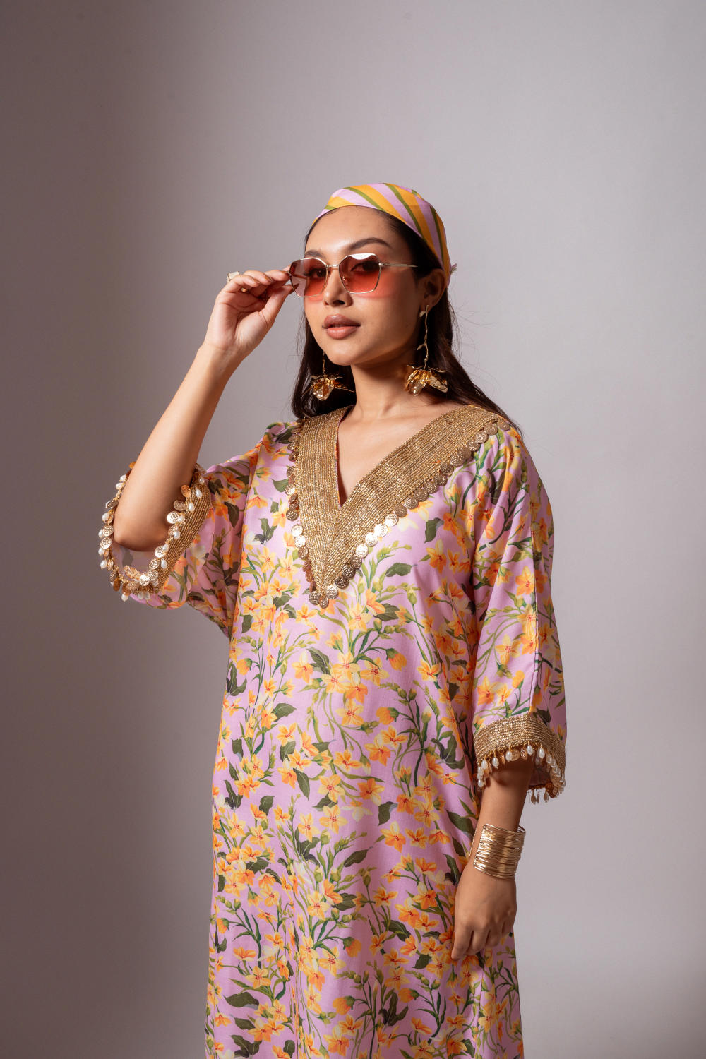 Linen digital print blush kaftan dress-Blush and Yellow