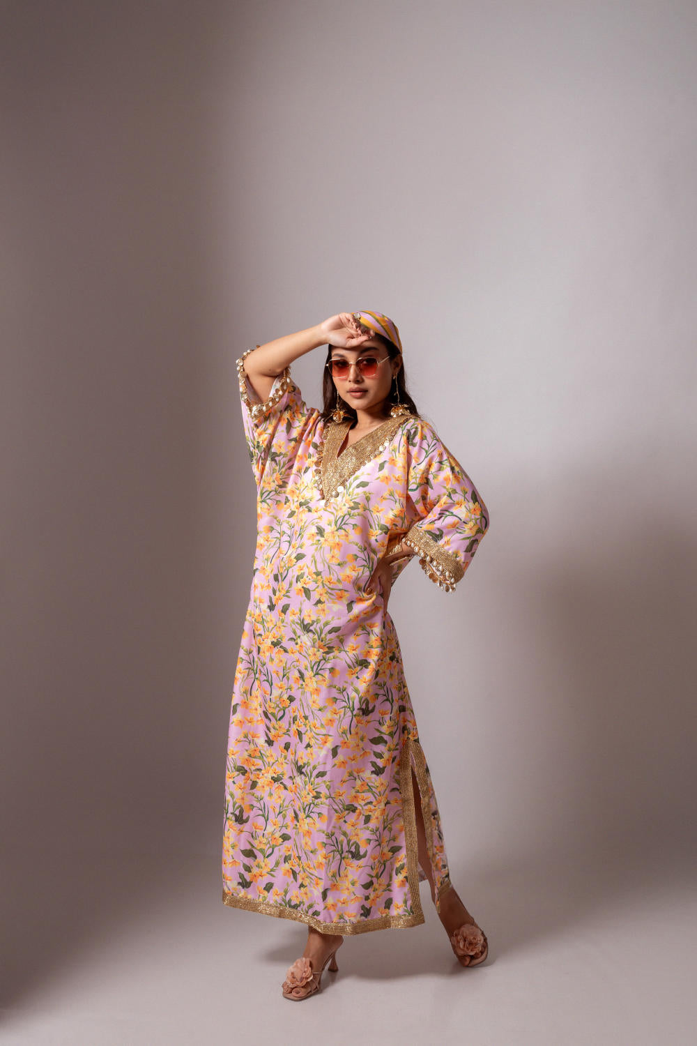 Linen digital print blush kaftan dress-Blush and Yellow