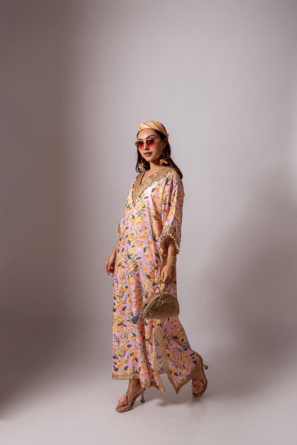 Linen digital print blush kaftan dress-Blush and Yellow