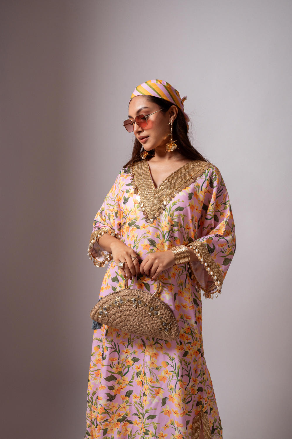 Linen digital print blush kaftan dress-Blush and Yellow