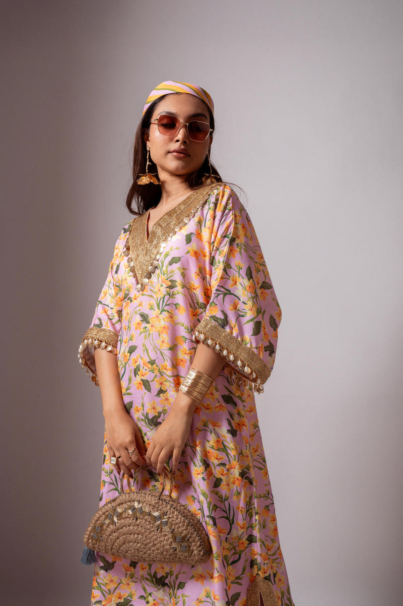 Linen digital print blush kaftan dress-Blush and Yellow linen by Maison Shefali for women Worldwide