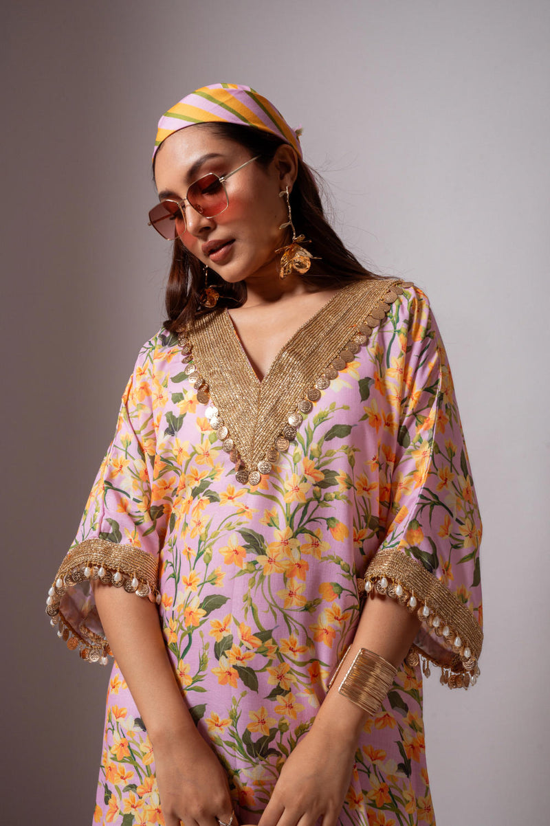 Linen digital print blush kaftan dress-Blush and Yellow linen by Maison Shefali for women Worldwide