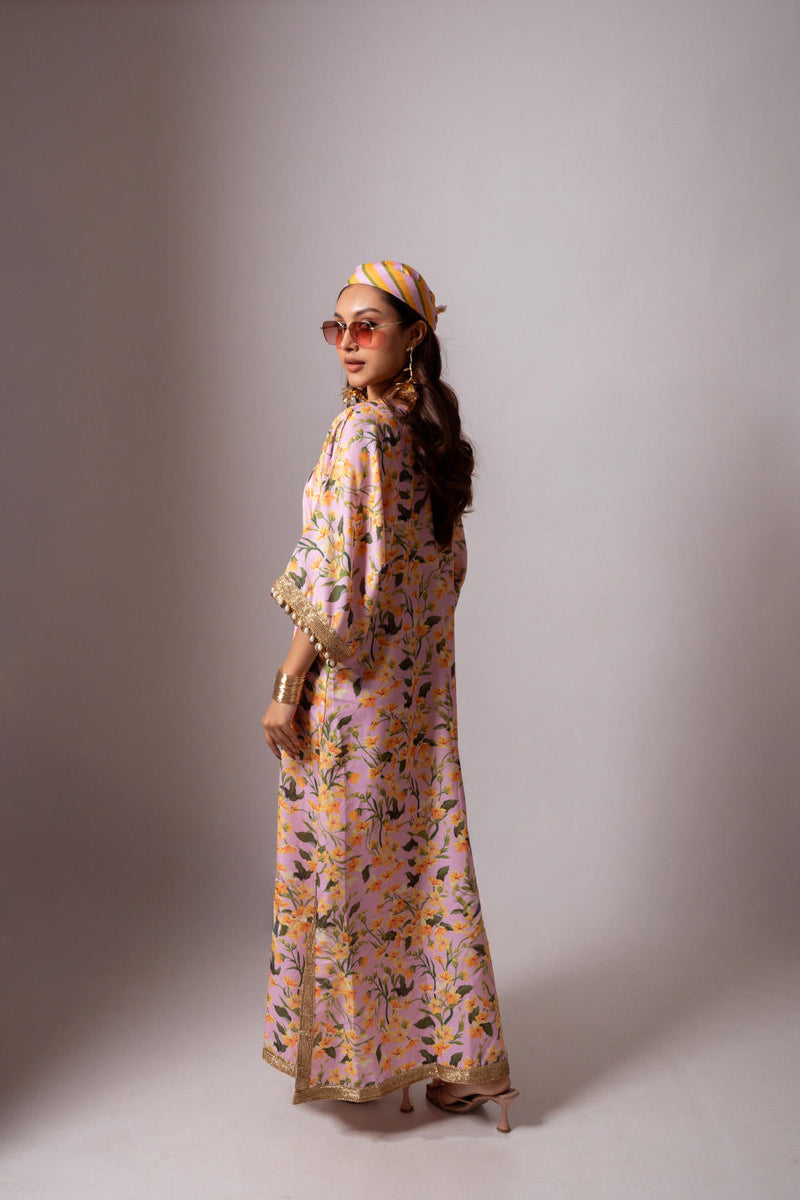 Linen digital print blush kaftan dress-Blush and Yellow linen by Maison Shefali for women Worldwide