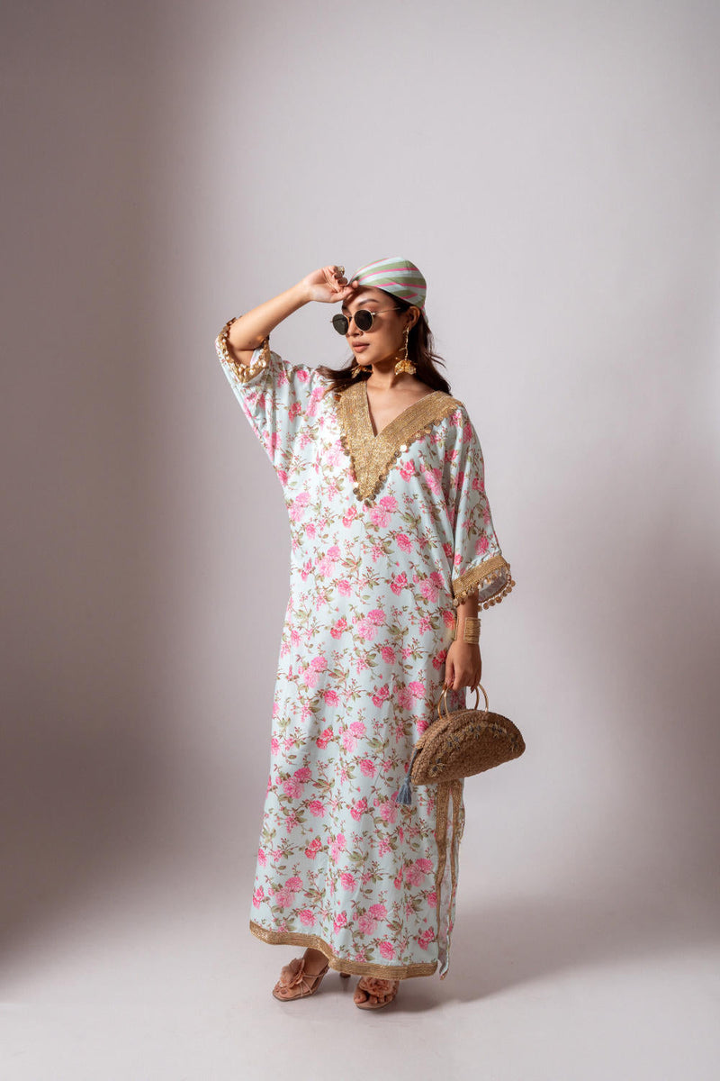 Linen digital print aqua green kaftan dress-Aqua green and Pink linen by Maison Shefali for women Worldwide