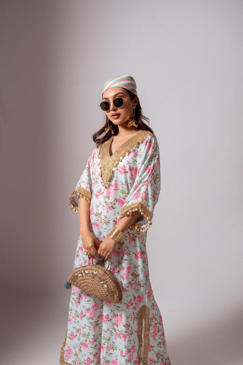 Linen digital print aqua green kaftan dress-Aqua green and Pink linen by Maison Shefali for women Worldwide
