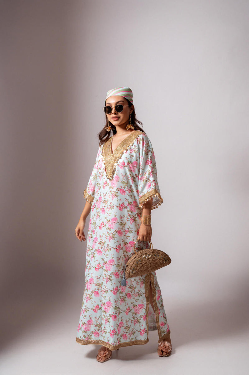 Linen digital print aqua green kaftan dress-Aqua green and Pink linen by Maison Shefali for women Worldwide