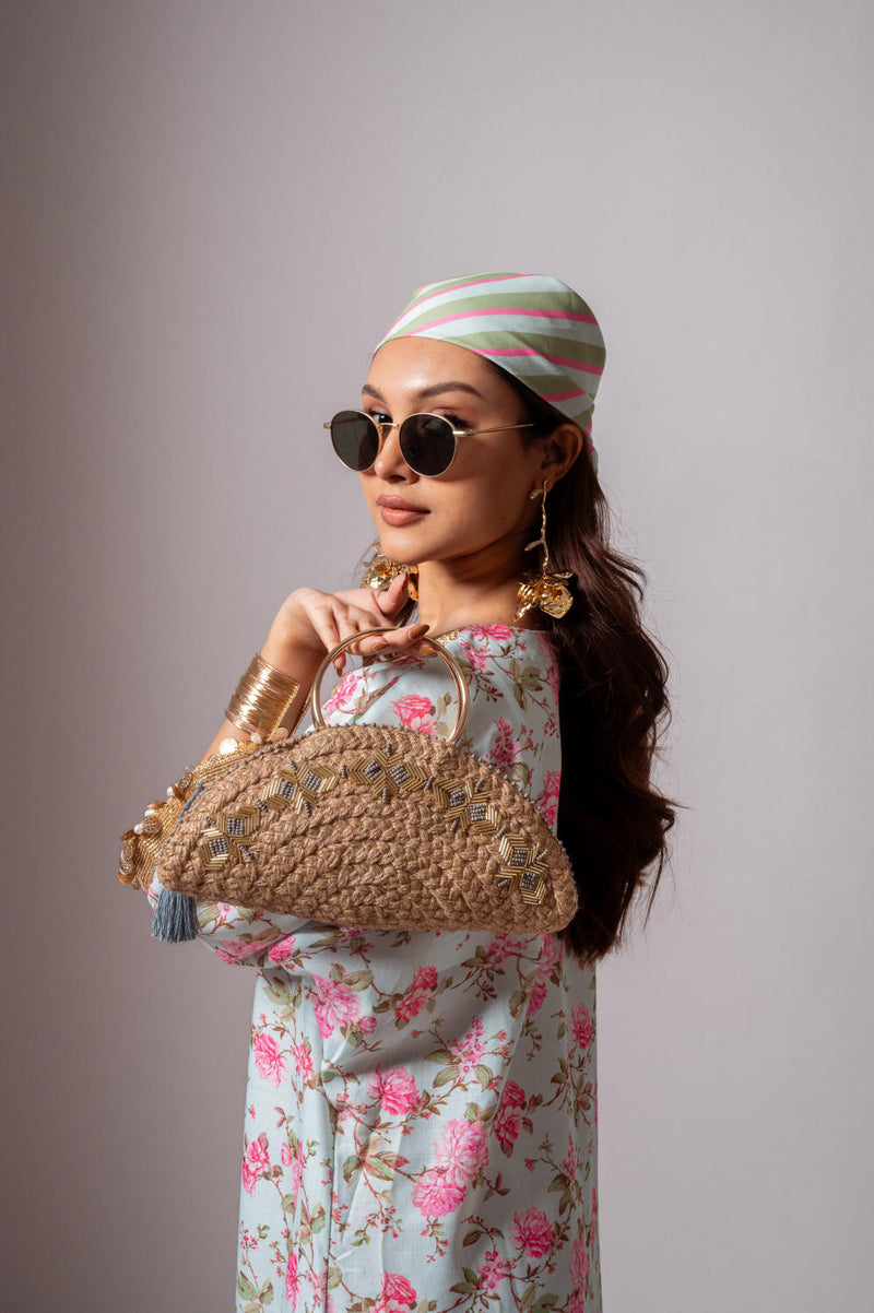 Linen digital print aqua green kaftan dress-Aqua green and Pink linen by Maison Shefali for women Worldwide
