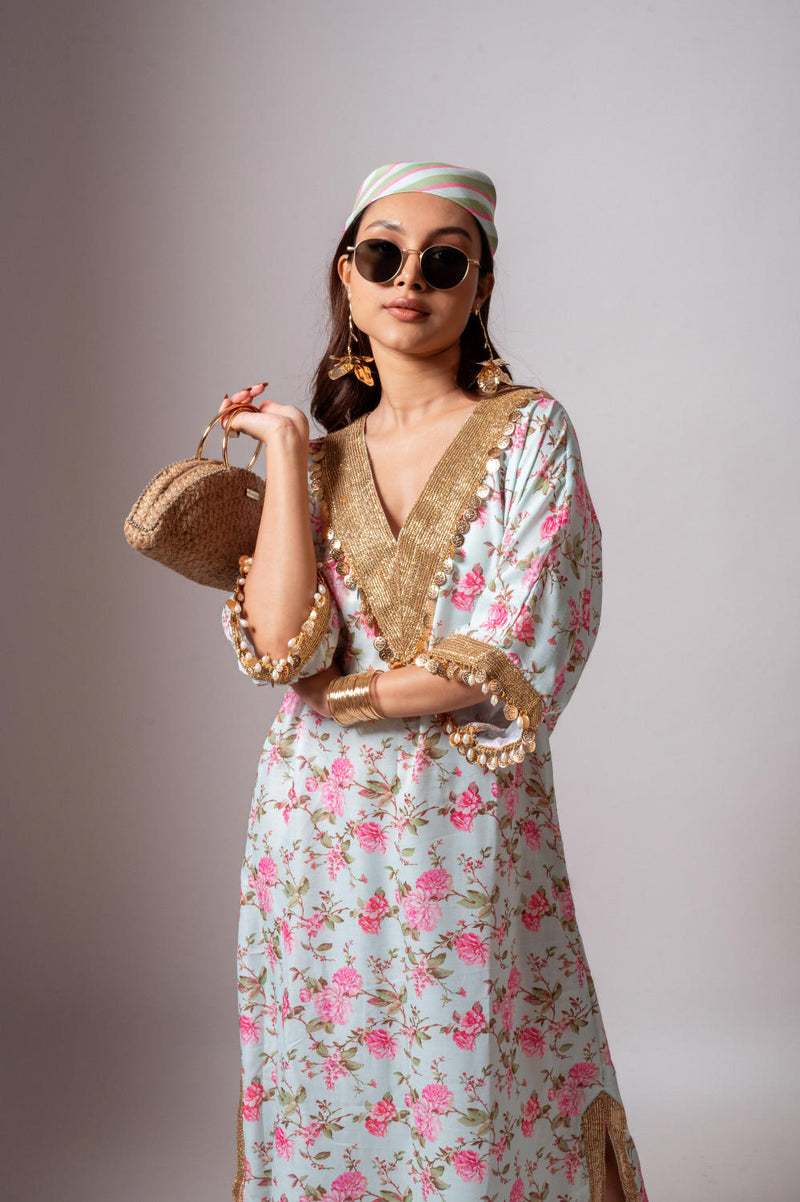 Linen digital print aqua green kaftan dress-Aqua green and Pink linen by Maison Shefali for women Worldwide