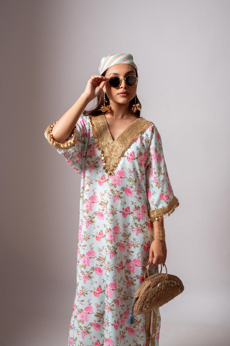 Linen digital print aqua green kaftan dress-Aqua green and Pink linen by Maison Shefali for women Worldwide