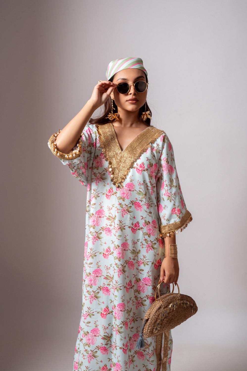 Linen digital print aqua green kaftan dress-Aqua green and Pink