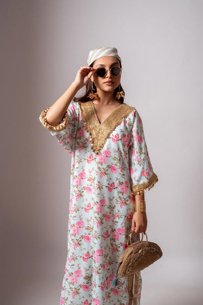 Linen digital print aqua green kaftan dress-Aqua green and Pink