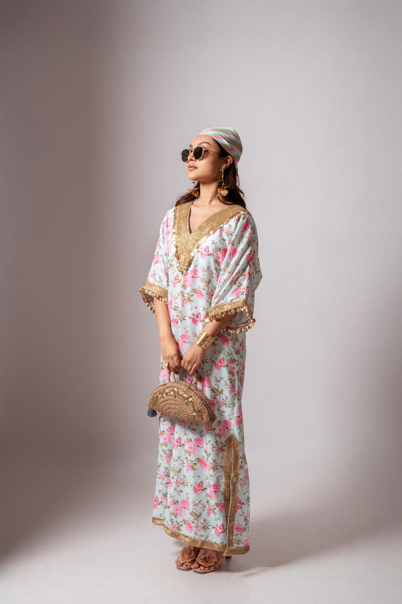 Linen digital print aqua green kaftan dress-Aqua green and Pink linen by Maison Shefali for women Worldwide