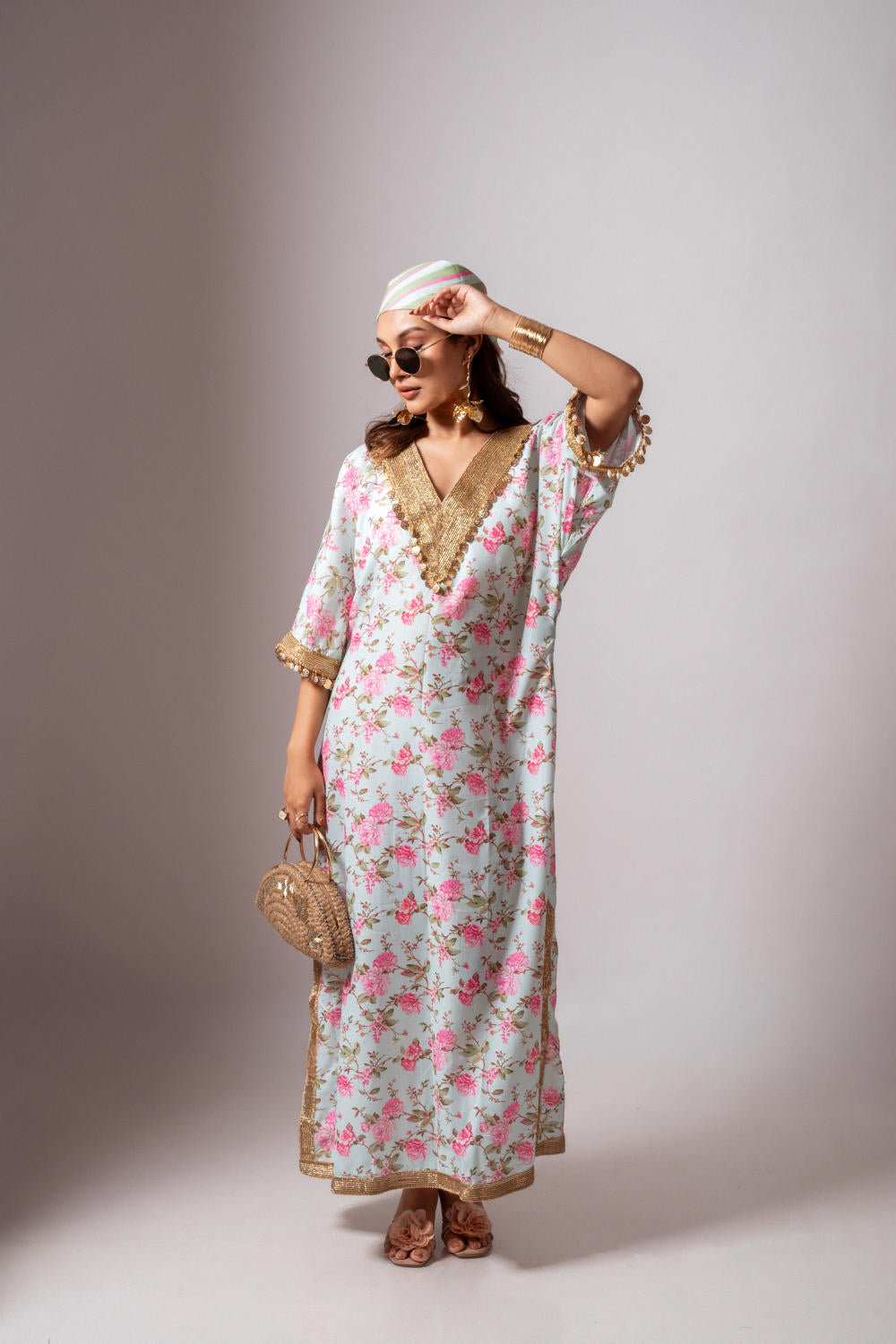 Linen digital print aqua green kaftan dress-Aqua green and Pink