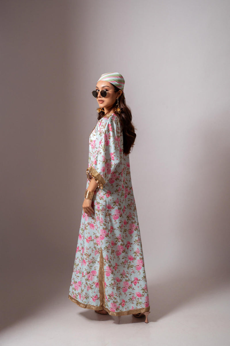 Linen digital print aqua green kaftan dress-Aqua green and Pink linen by Maison Shefali for women Worldwide