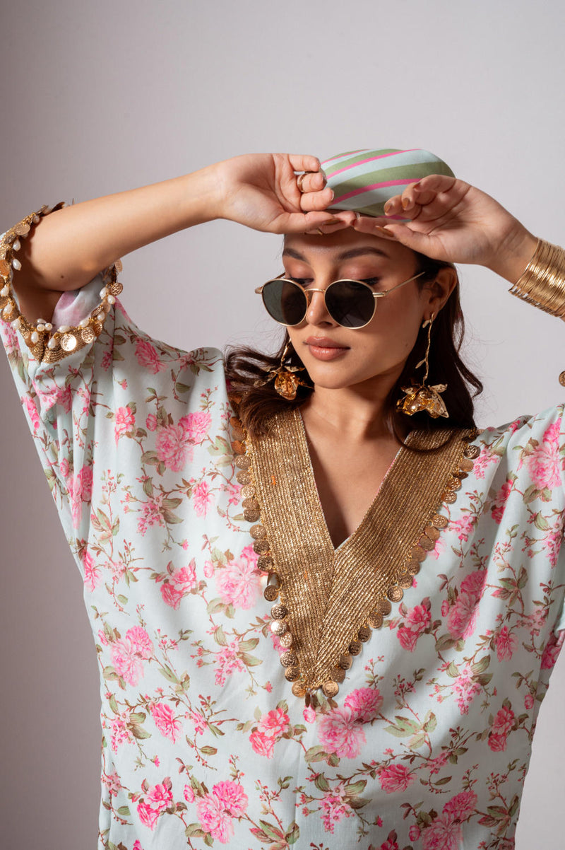 Linen digital print aqua green kaftan dress-Aqua green and Pink linen by Maison Shefali for women Worldwide