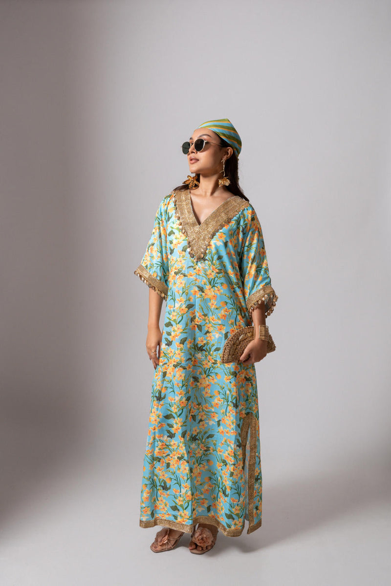 Linen digital print aqua kaftan dress-Aqua and yellow linen by Maison Shefali for women Worldwide