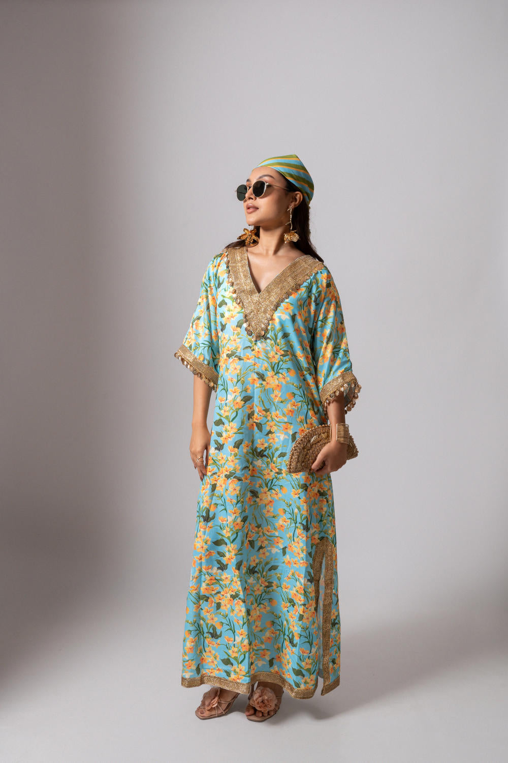 Linen digital print aqua kaftan dress-Aqua and yellow