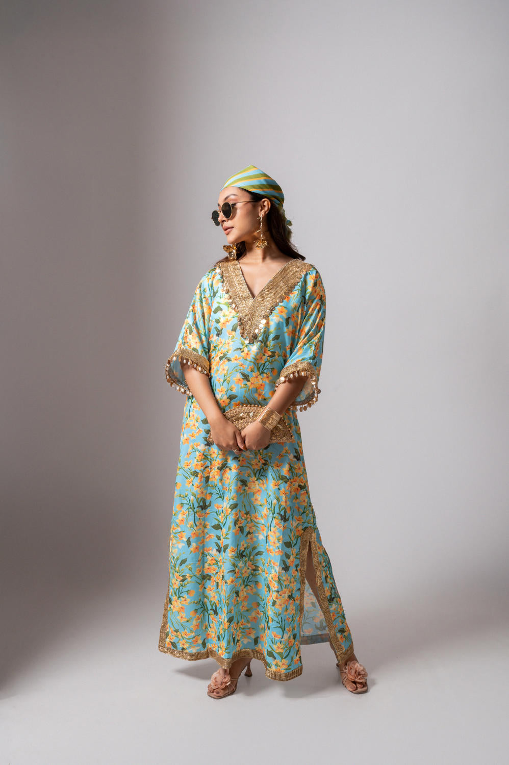 Linen digital print aqua kaftan dress-Aqua and yellow