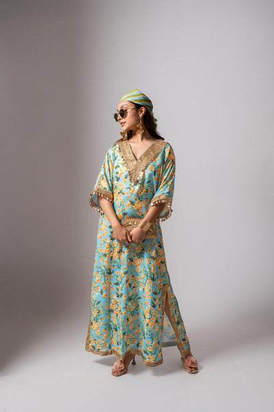 Linen digital print aqua kaftan dress-Aqua and yellow