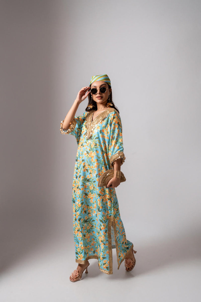 Linen digital print aqua kaftan dress-Aqua and yellow linen by Maison Shefali for women Worldwide