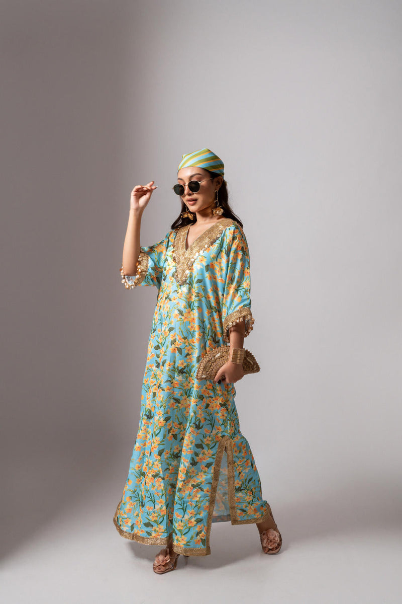 Linen digital print aqua kaftan dress-Aqua and yellow linen by Maison Shefali for women Worldwide
