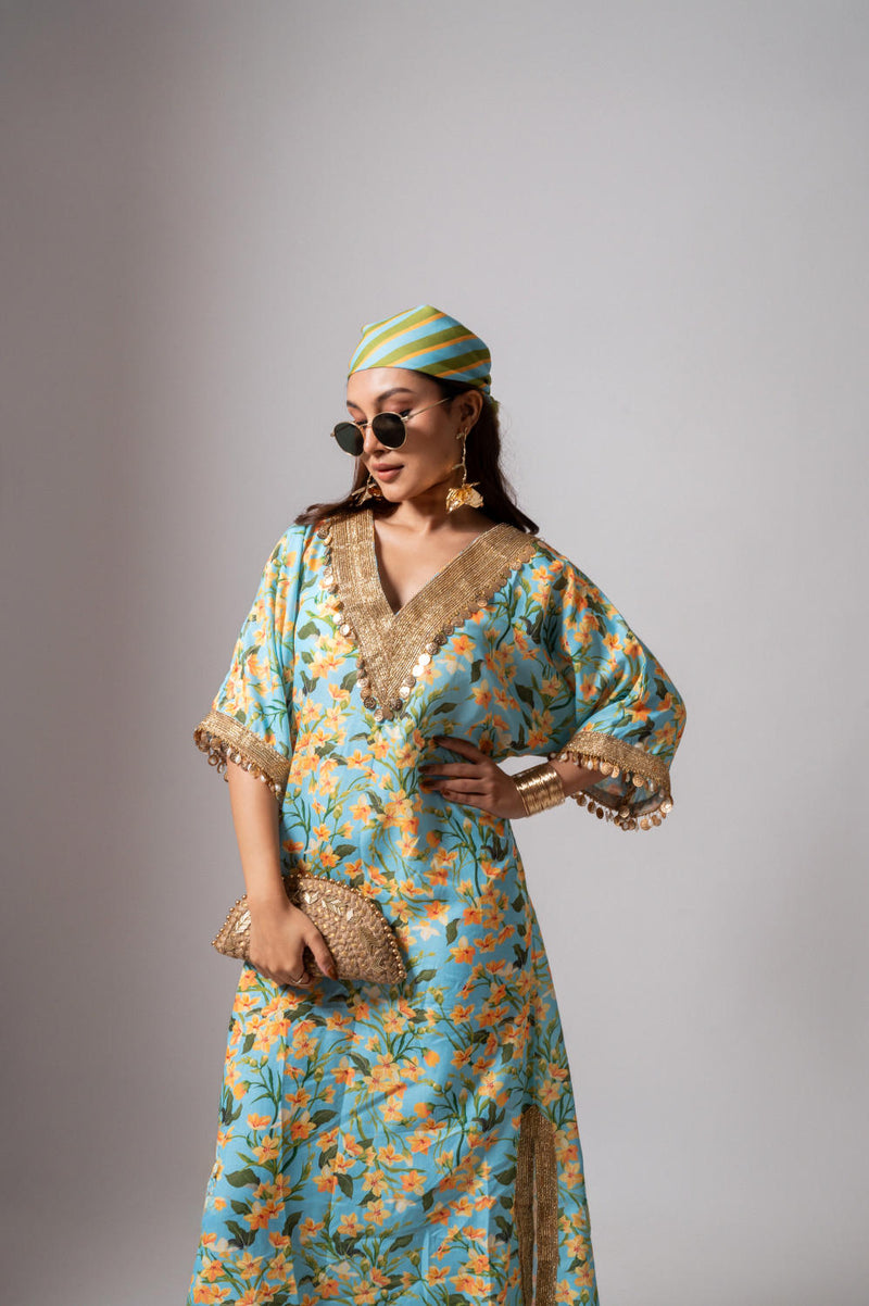 Linen digital print aqua kaftan dress-Aqua and yellow linen by Maison Shefali for women Worldwide