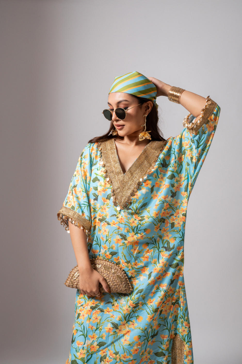 Linen digital print aqua kaftan dress-Aqua and yellow