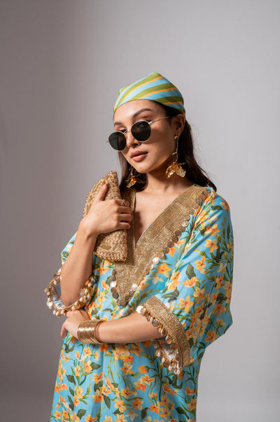 Linen digital print aqua kaftan dress-Aqua and yellow