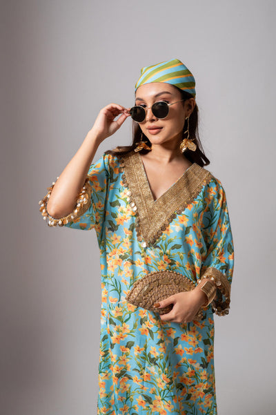 Linen digital print aqua kaftan dress-Aqua and yellow