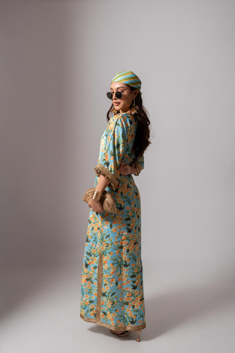 Linen digital print aqua kaftan dress-Aqua and yellow linen by Maison Shefali for women Worldwide