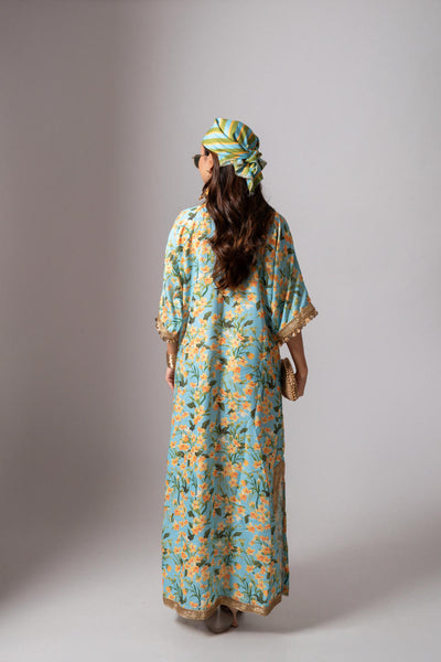 Linen digital print aqua kaftan dress-Aqua and yellow