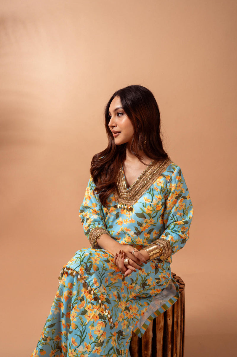 Linen digital print aqua kali sharara set linen by Maison Shefali for women Worldwide
