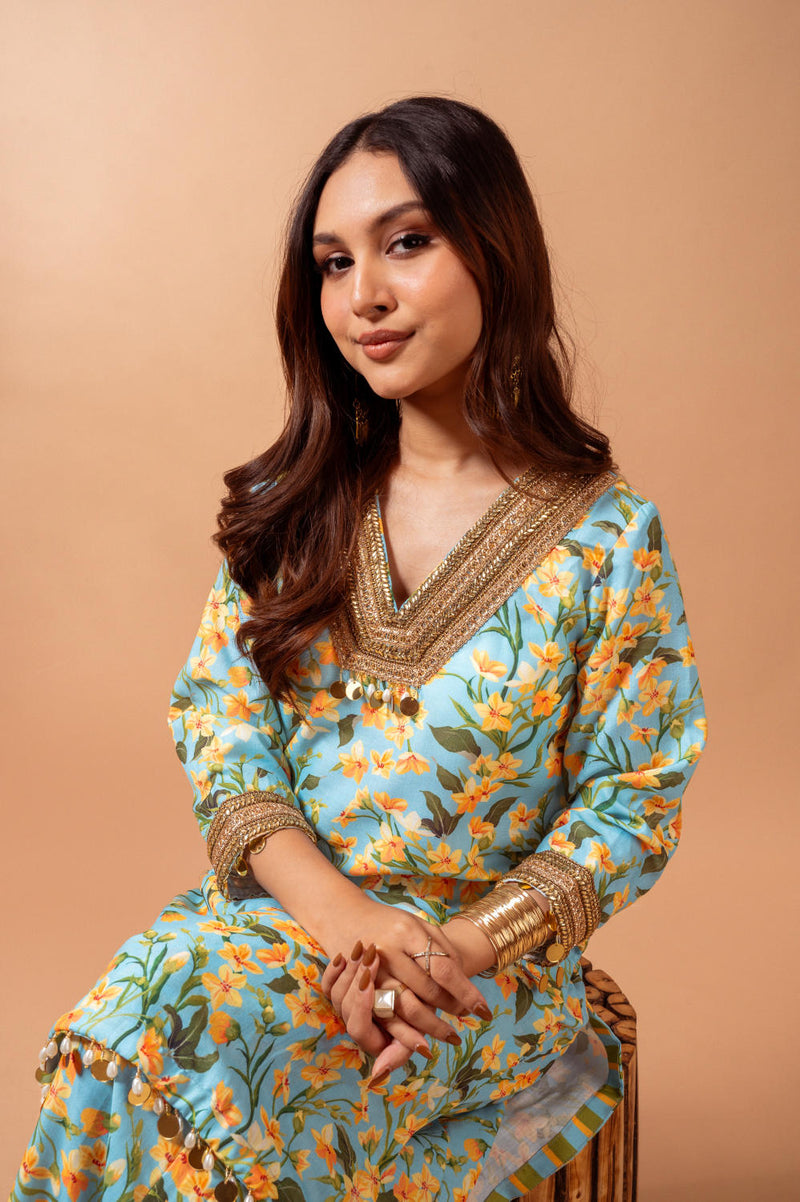 Linen digital print aqua kali sharara set linen by Maison Shefali for women Worldwide