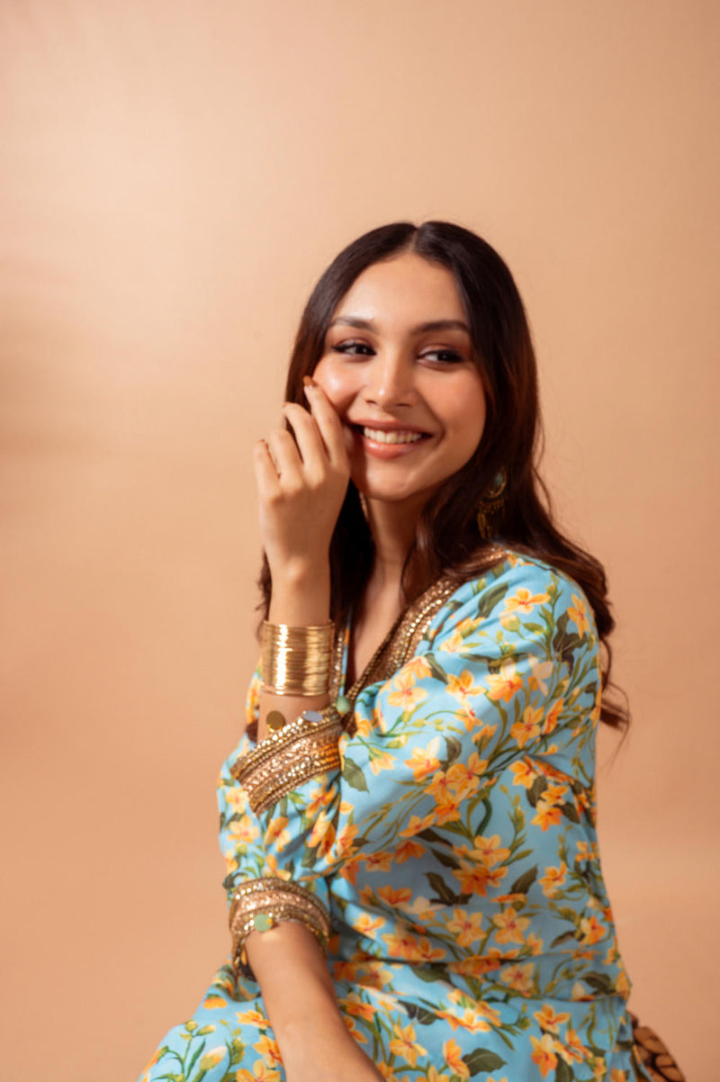 Linen digital print aqua kali sharara set linen by Maison Shefali for women Worldwide