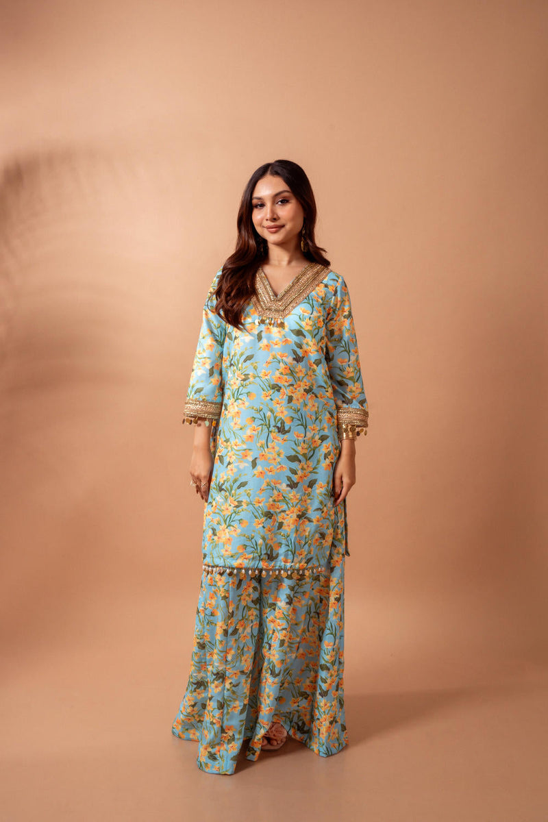 Linen digital print aqua kali sharara set linen by Maison Shefali for women Worldwide