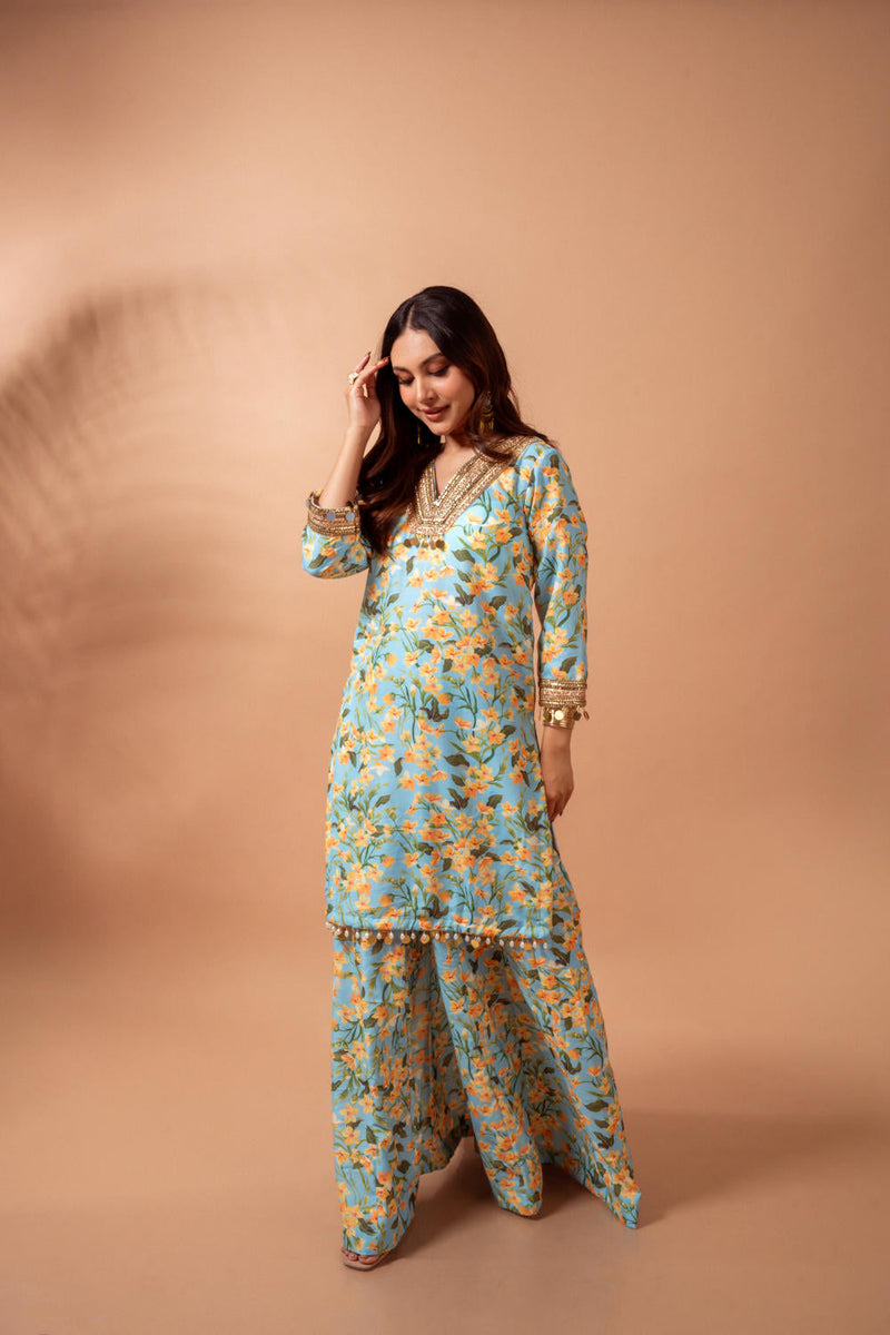 Linen digital print aqua kali sharara set linen by Maison Shefali for women Worldwide