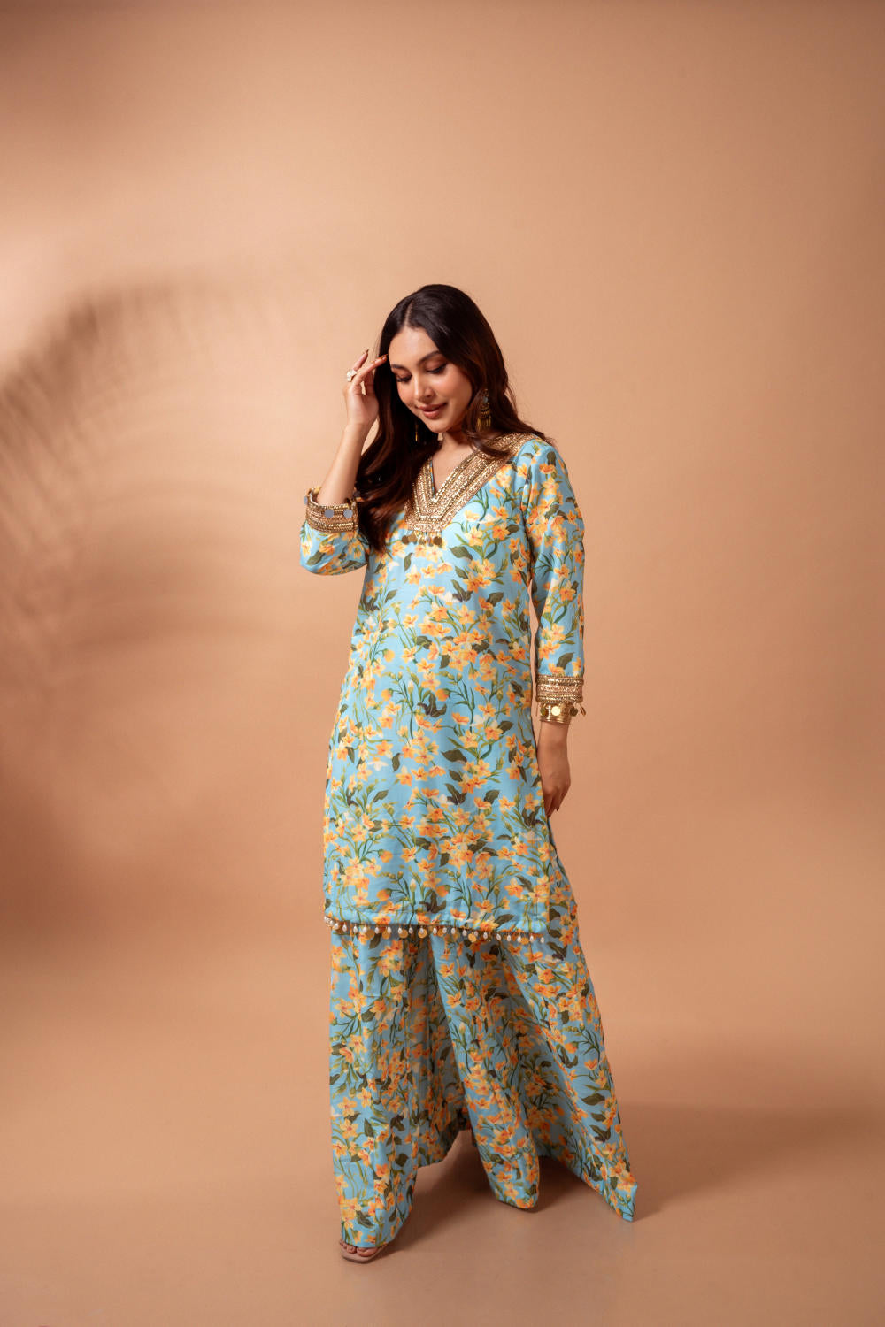 Linen digital print aqua kali sharara set