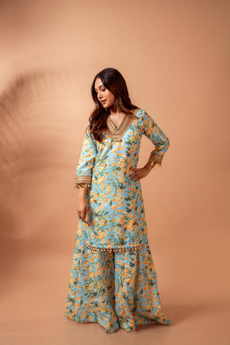 Linen digital print aqua kali sharara set linen by Maison Shefali for women Worldwide