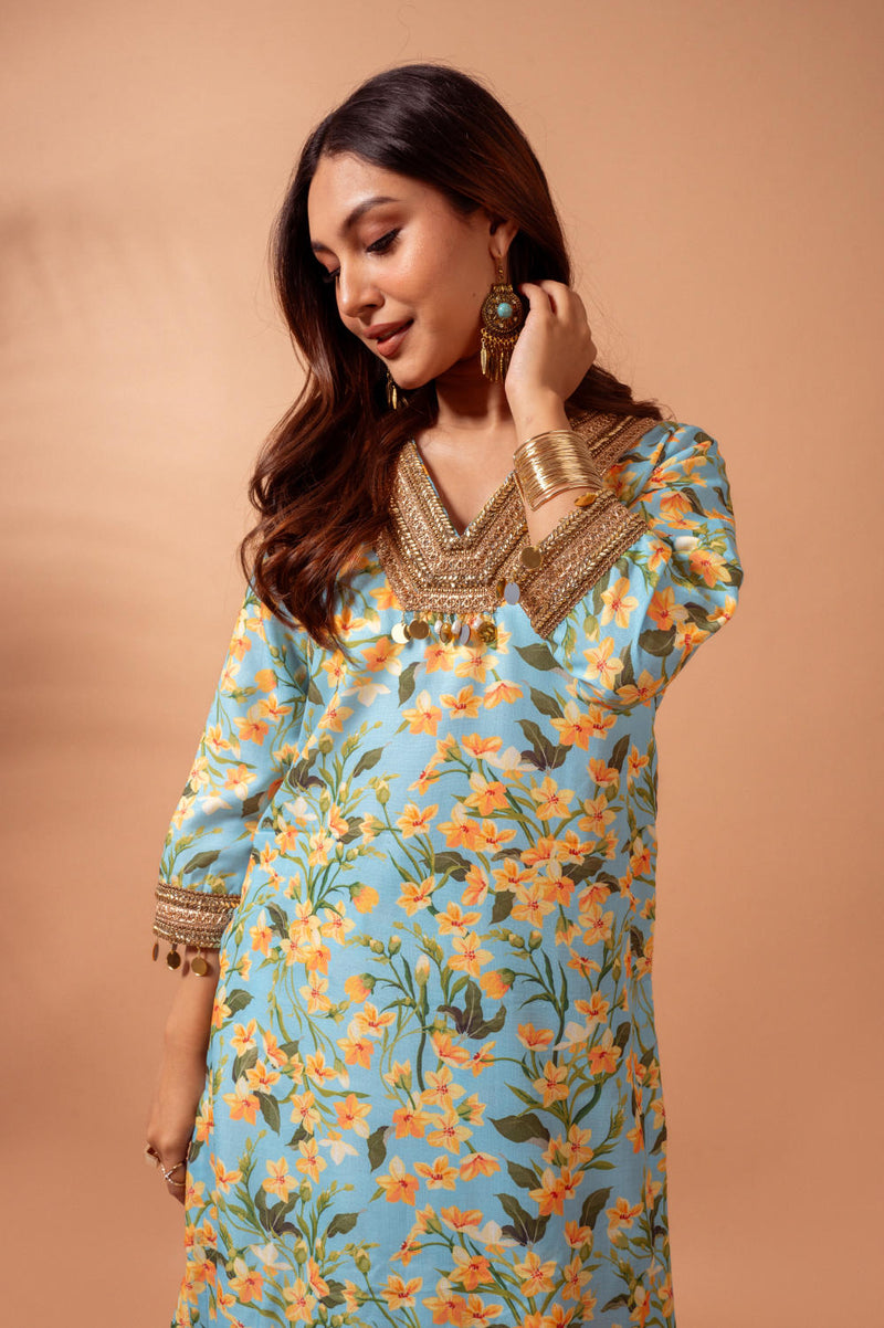 Linen digital print aqua kali sharara set linen by Maison Shefali for women Worldwide