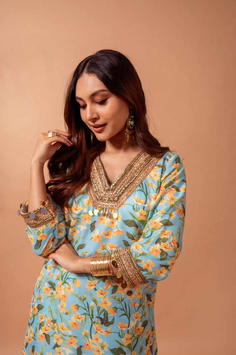 Linen digital print aqua kali sharara set linen by Maison Shefali for women Worldwide