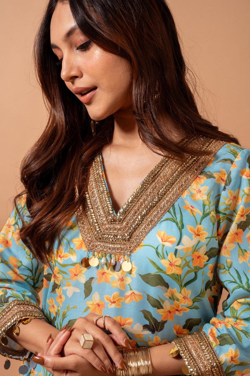Linen digital print aqua kali sharara set linen by Maison Shefali for women Worldwide
