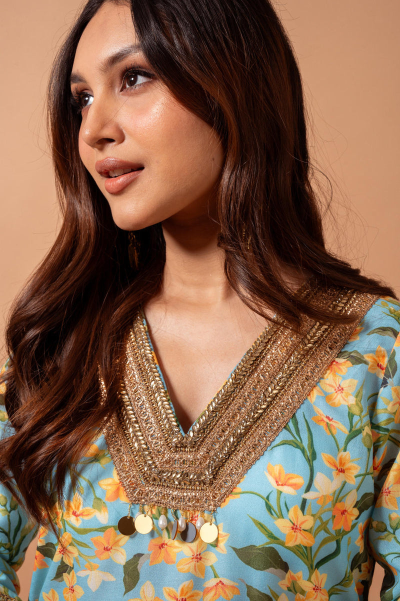 Linen digital print aqua kali sharara set linen by Maison Shefali for women Worldwide