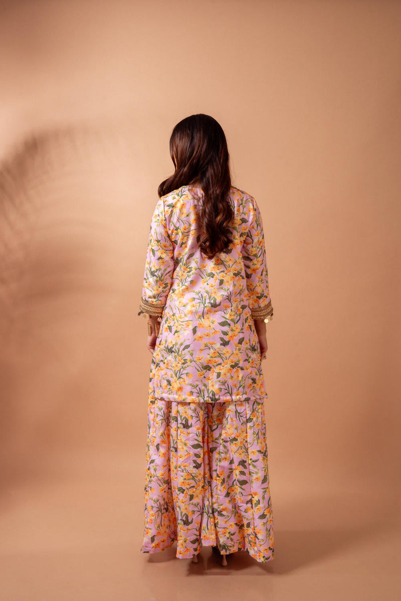 Linen digital print blush kali sharara set linen by Maison Shefali for women Worldwide