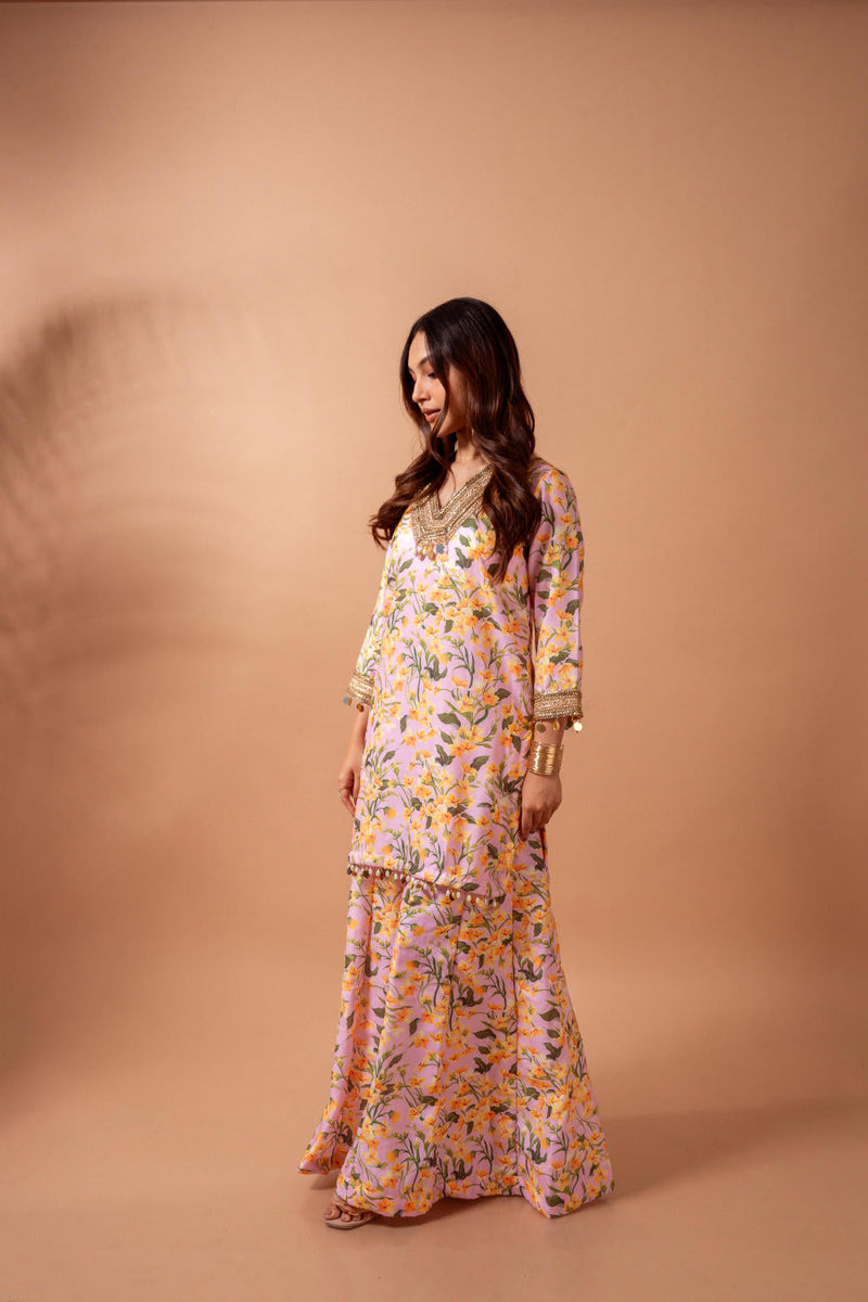 Linen digital print blush kali sharara set linen by Maison Shefali for women Worldwide