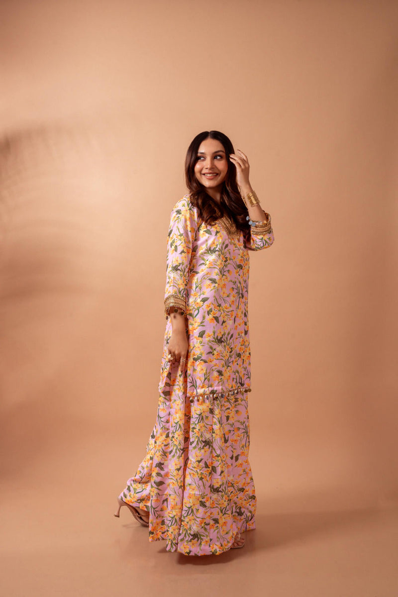 Linen digital print blush kali sharara set linen by Maison Shefali for women Worldwide