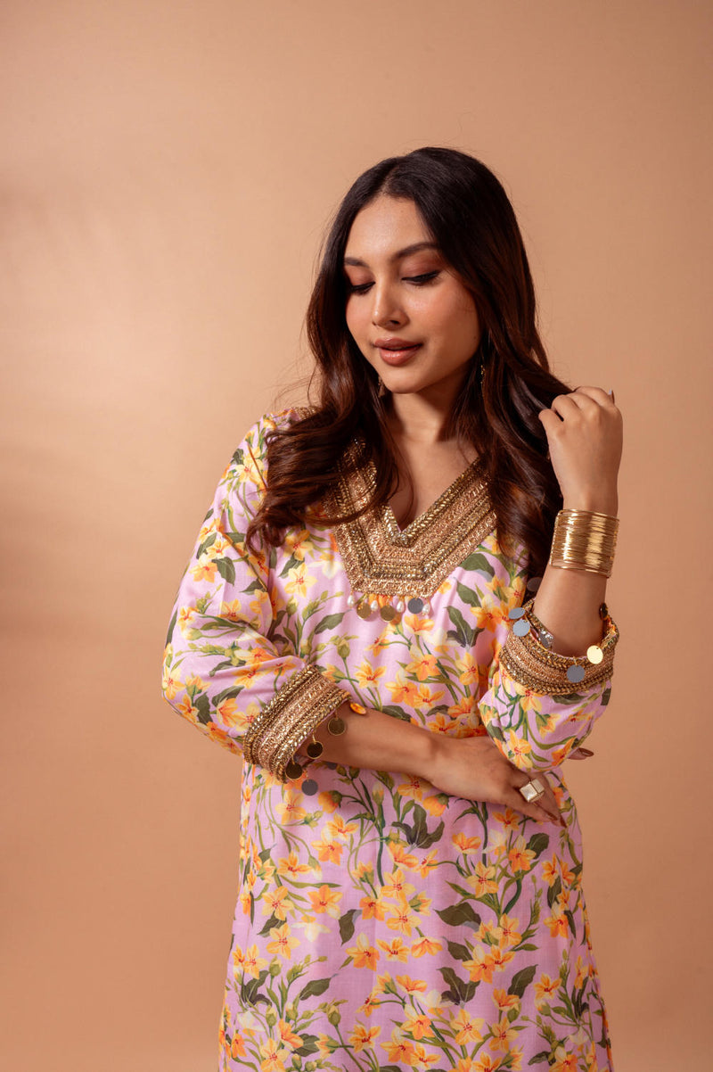 Linen digital print blush kali sharara set linen by Maison Shefali for women Worldwide