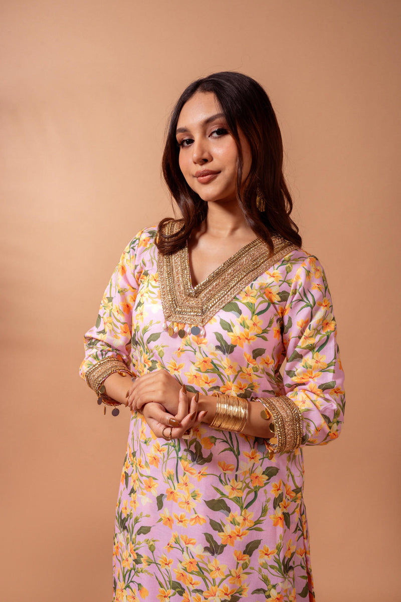 Linen digital print blush kali sharara set linen by Maison Shefali for women Worldwide